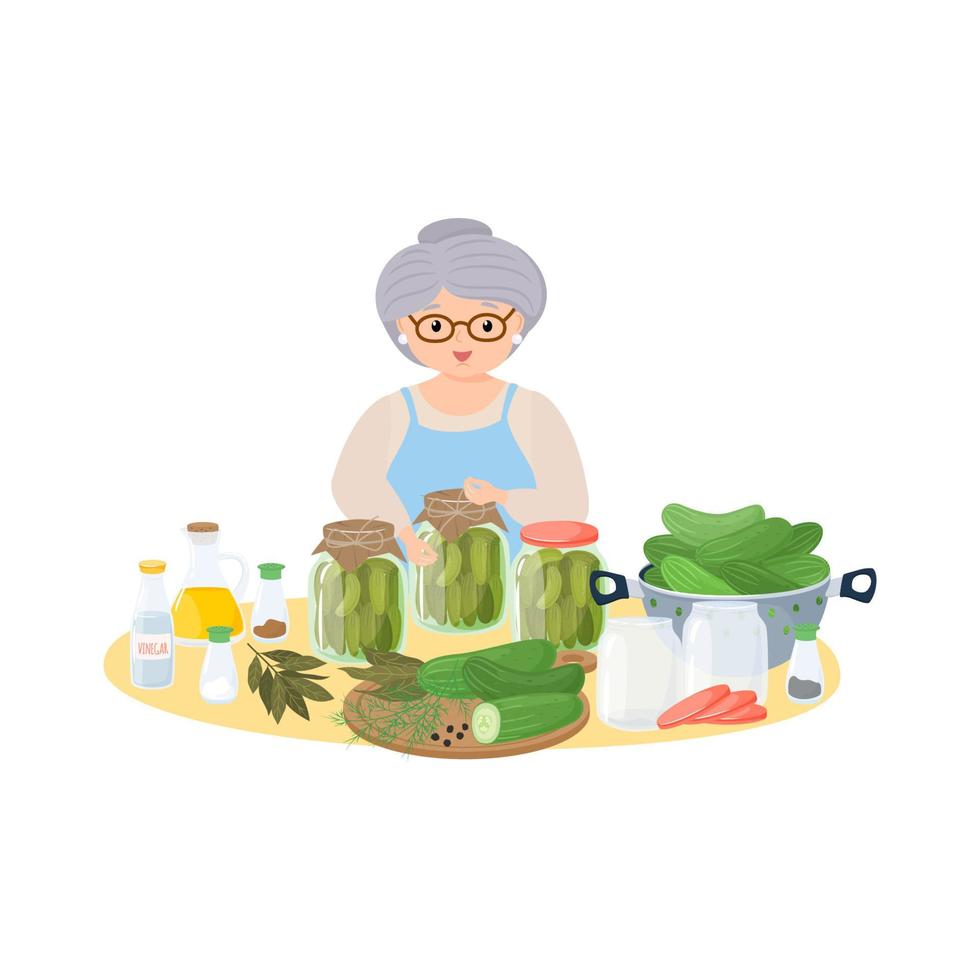 äldre kvinna bloggare karaktär förbereda inlagd gurkor med kryddor i en burk. konserverad naturlig friska Produkter vektor illustration.