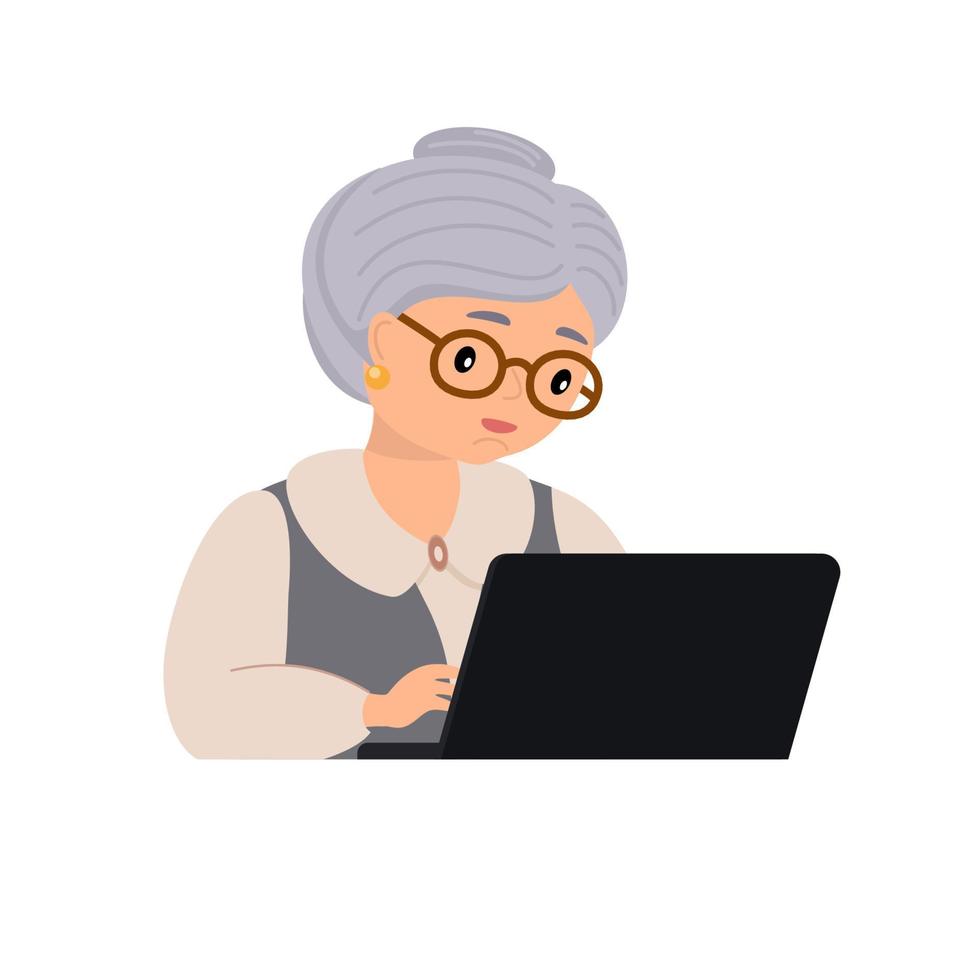 mormor med de dator. vektor illustration. familj, mobil internet, social media, modern kommunikation teknologi begrepp.