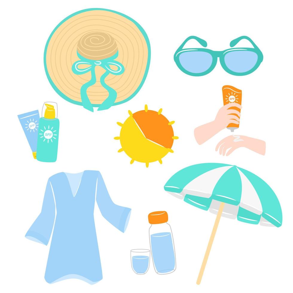 Vektorsonnenschutz und Sicherheitshautsymbole. Hut, Creme, Wasser, Sonnenbrille, Sonnenschirm. das konzept von schönheit und gesundheit. Vektor-Illustration isoliert auf weißem Hintergrund. vektor