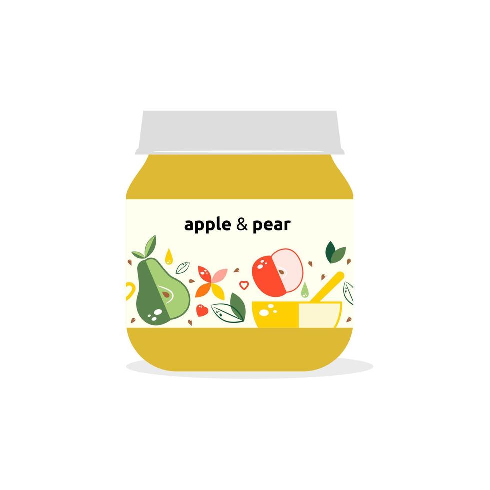 glas burkar med bebis mat. paket design päron och äpple. organisk bebis mat puree.vector illustration. vektor