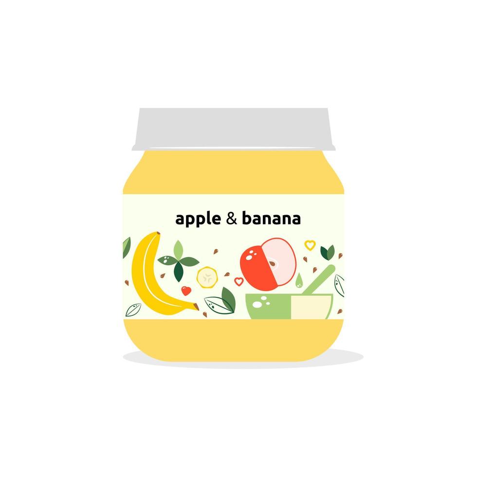 glas burkar med bebis mat. paket design äpple och banan. organisk bebis mat puree.vector illustration. vektor