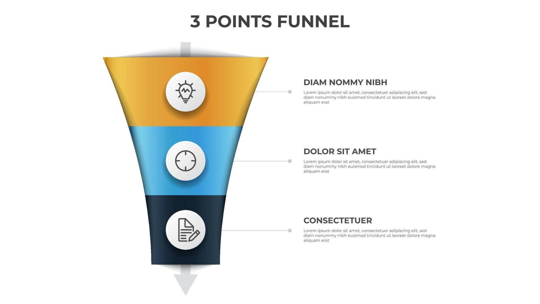 Trichterpfeildiagramm mit 3 Punkten, Optionen, Liste, Infografik-Elementvorlagenvektor, kann für Vertrieb, Marketing, Prozessablauf verwendet werden vektor