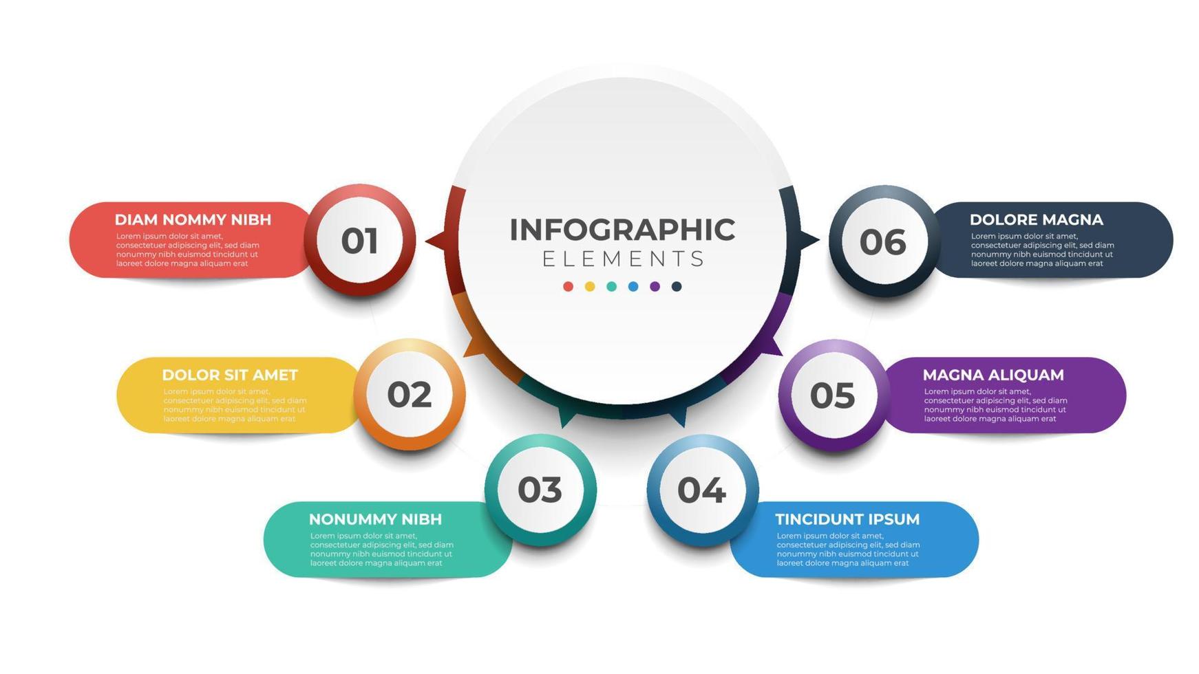 6 lista av steg, layout diagram med siffra av sekvens, cirkulär infographic element mall vektor