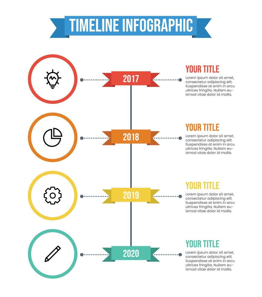 data visualisering mall, vertikal tidslinje infographic mall vektor med 4 poäng av år, titlar, beskrivningar, och ikoner. företag företag milstolpar mall. årlig Rapportera.