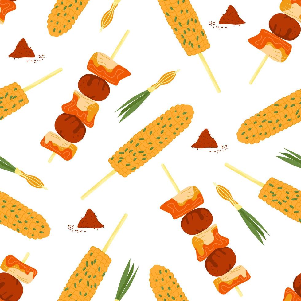koreanska gata mat sömlös mönster. kyckling grillspett dakkochi och kryddad majs ogsusu, grön lök, chili peppar. asiatisk snacks på pinnar. söt klotter bakgrund. vektor illustration.