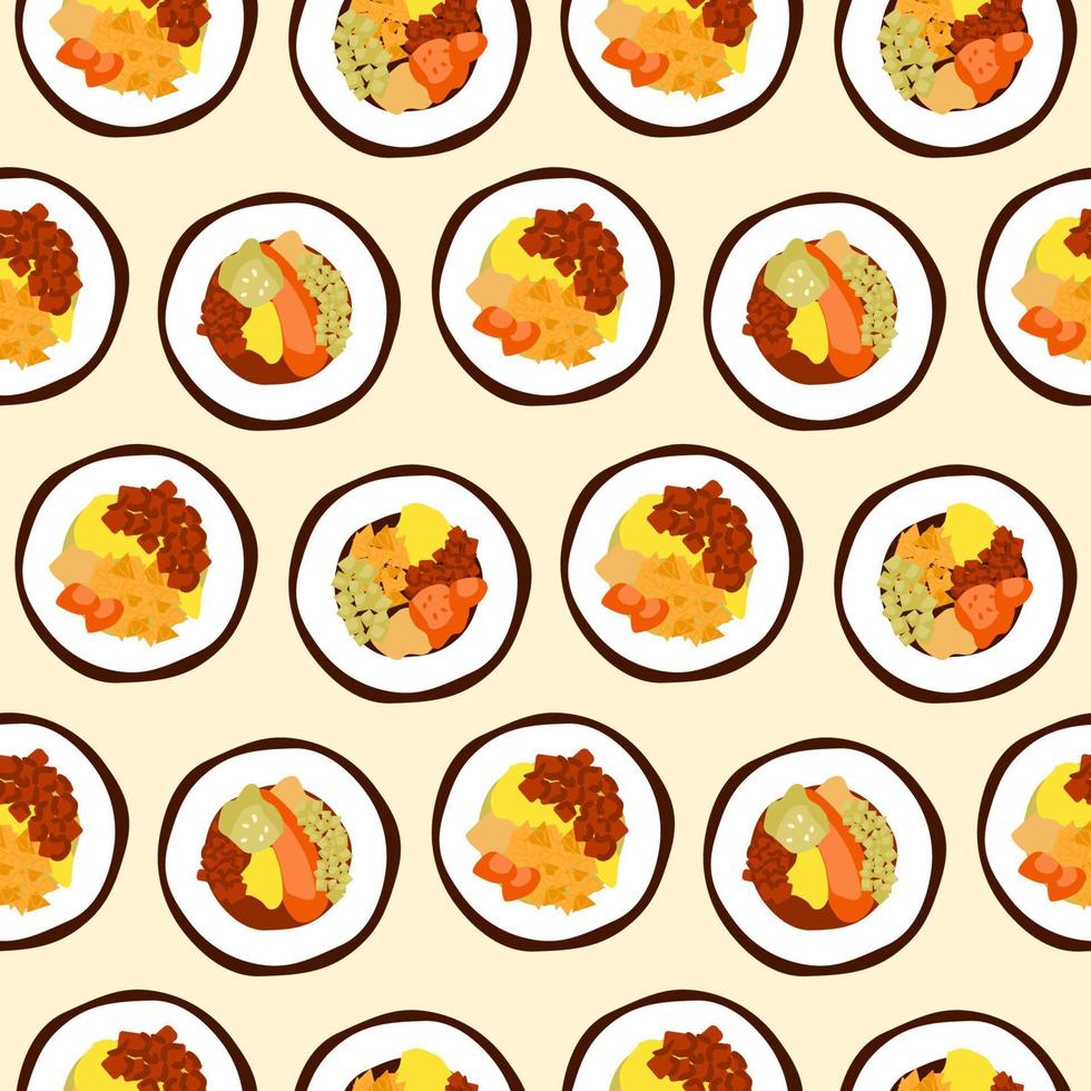 koreanisches straßenessen nahtloses muster. Gimbap-Reisrollen mit verschiedenen Füllungen. asiatische traditionelle snacks. süßer gekritzelhintergrund. Vektor-Illustration. vektor