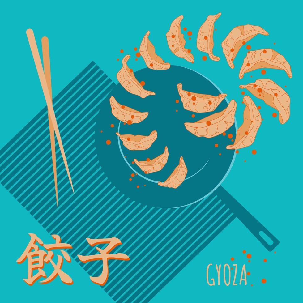 traditionell japansk gyoza klimpar affisch. fräsning panorera med klimpar flygande ut i spiral och stänk, ätpinnar. översättning från japansk gyoza. vektor illustration.