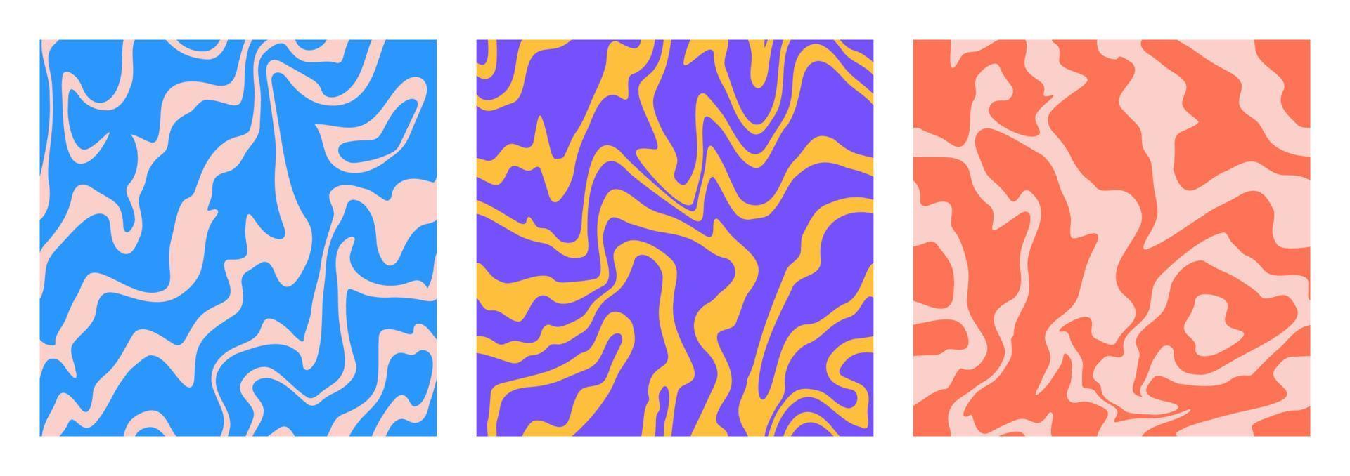 1970 retro häftig vågor sömlös mönster. virvla runt psychedelic trippy texturer uppsättning. estetisk elektrisk inspirerad remsor. strömmande liqiud fantasi marmor bakgrund. vektor illustration.