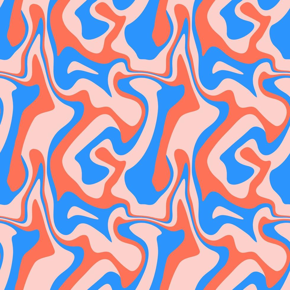1970 nahtloses Muster aus flüssigem Marmor. rot-blaue wellenförmige Strudelbeschaffenheit. Grooviger, trippiger, verzerrter psychedelischer Hintergrund. Hippie-ästhetische Vektorillustration. vektor