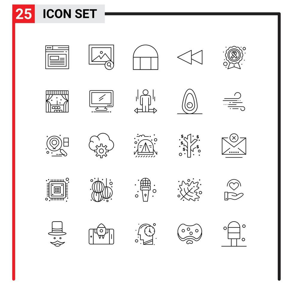 Stock Vector Icon Pack mit 25 Zeilenzeichen und Symbolen für Krankheitsband historisches Gebäude Krebs zurückspulen editierbare Vektordesign-Elemente