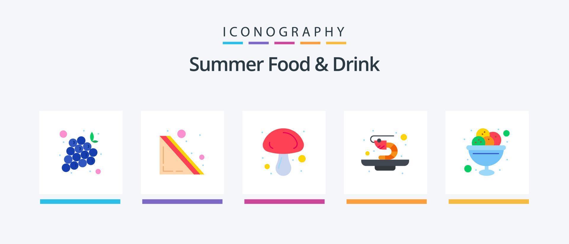 sommar mat och dryck platt 5 ikon packa Inklusive is. grädde. mat. skål. skaldjur. kreativ ikoner design vektor