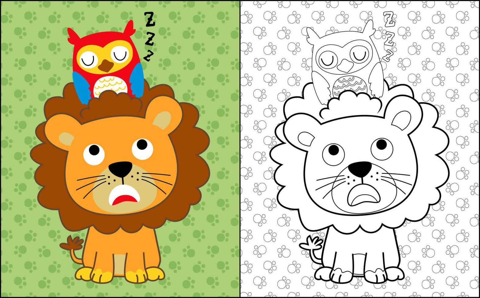 färg bok eller sida med lejon och Uggla tecknad serie på djur spår bakgrund vektor