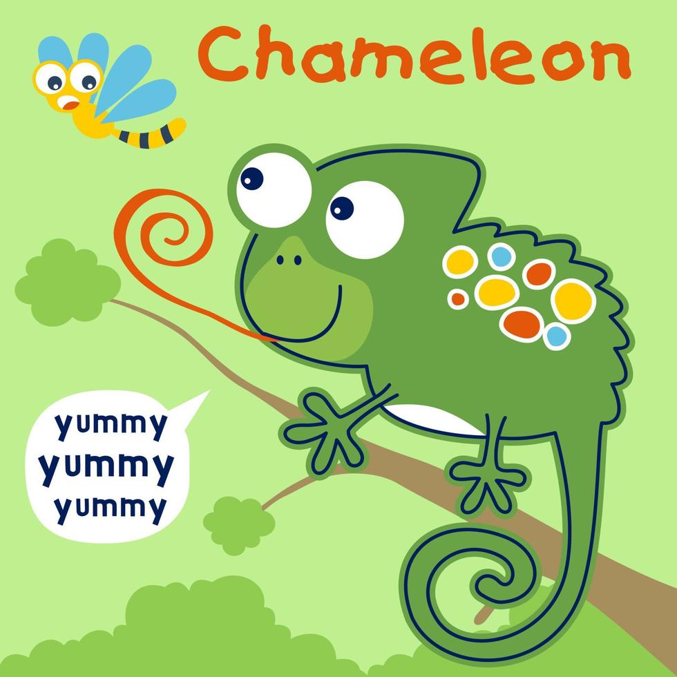 vektor illustration av tecknad serie kameleont på träd grenar jakt trollslända