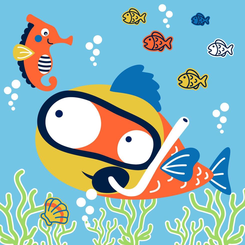großer Fisch in Taucherbrille mit Seepferdchen und kleinen Fischen unter Wasser, Vektor-Cartoon-Illustration vektor