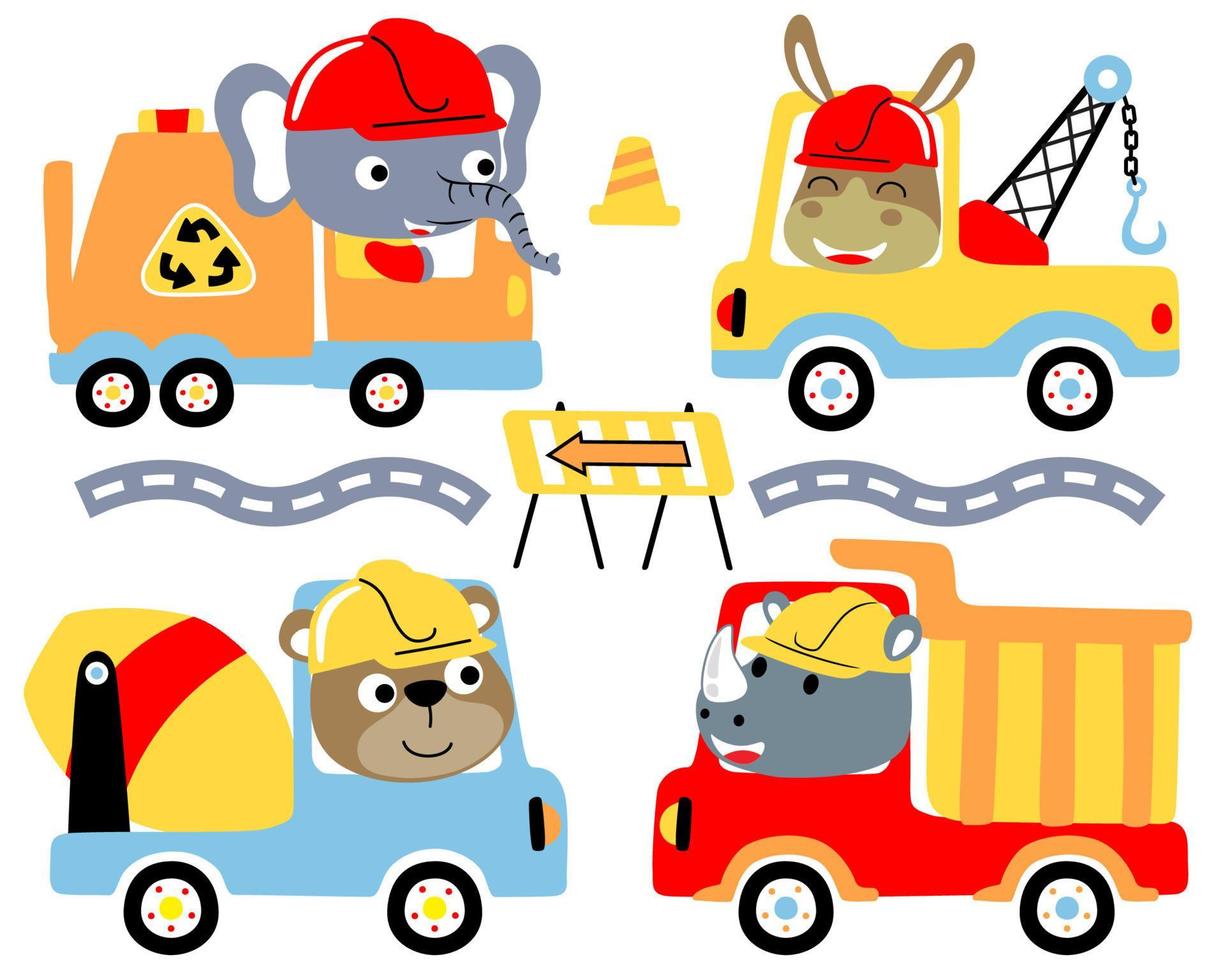 uppsättning av lastbilar tecknad serie med rolig djur förare vektor