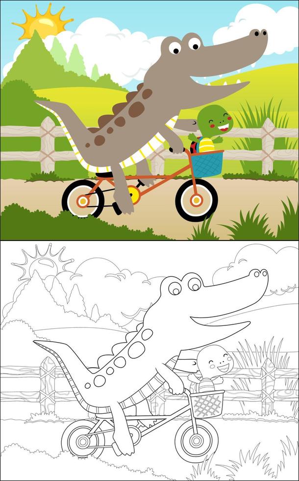 vektorillustration des malbuches, radfahren mit krokodil- und schildkrötenkarikatur vektor