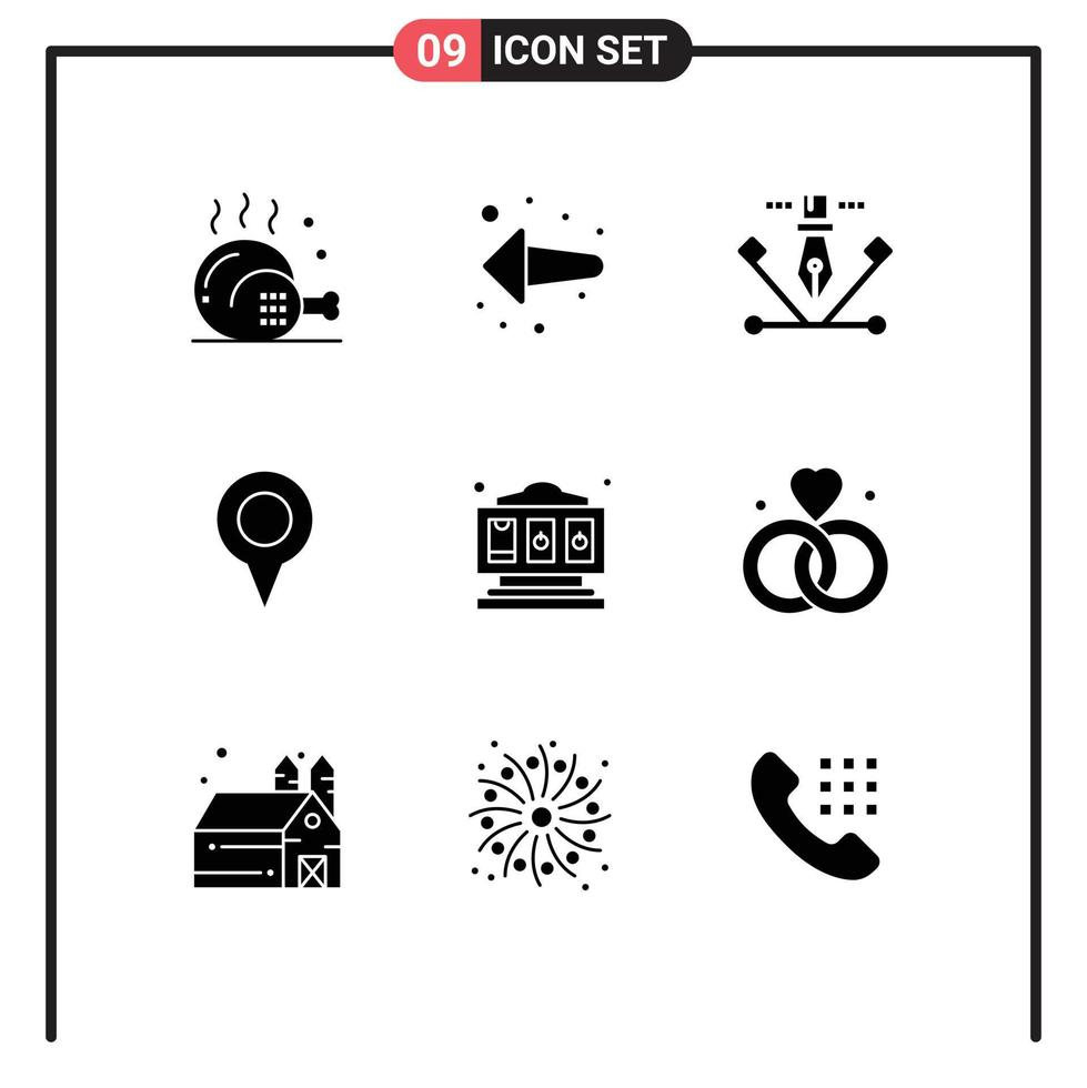 9 universelle solide Glyphenzeichen Symbole des Spiels Pin Kunstwerk Karte Geo-Standort editierbare Vektordesign-Elemente vektor