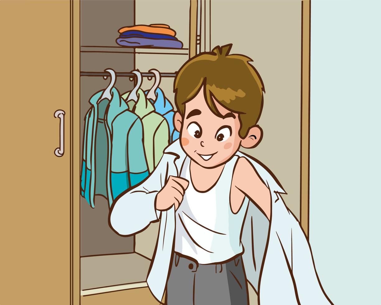 söt liten pojke bär hans kläder tecknad serie vektor illustration