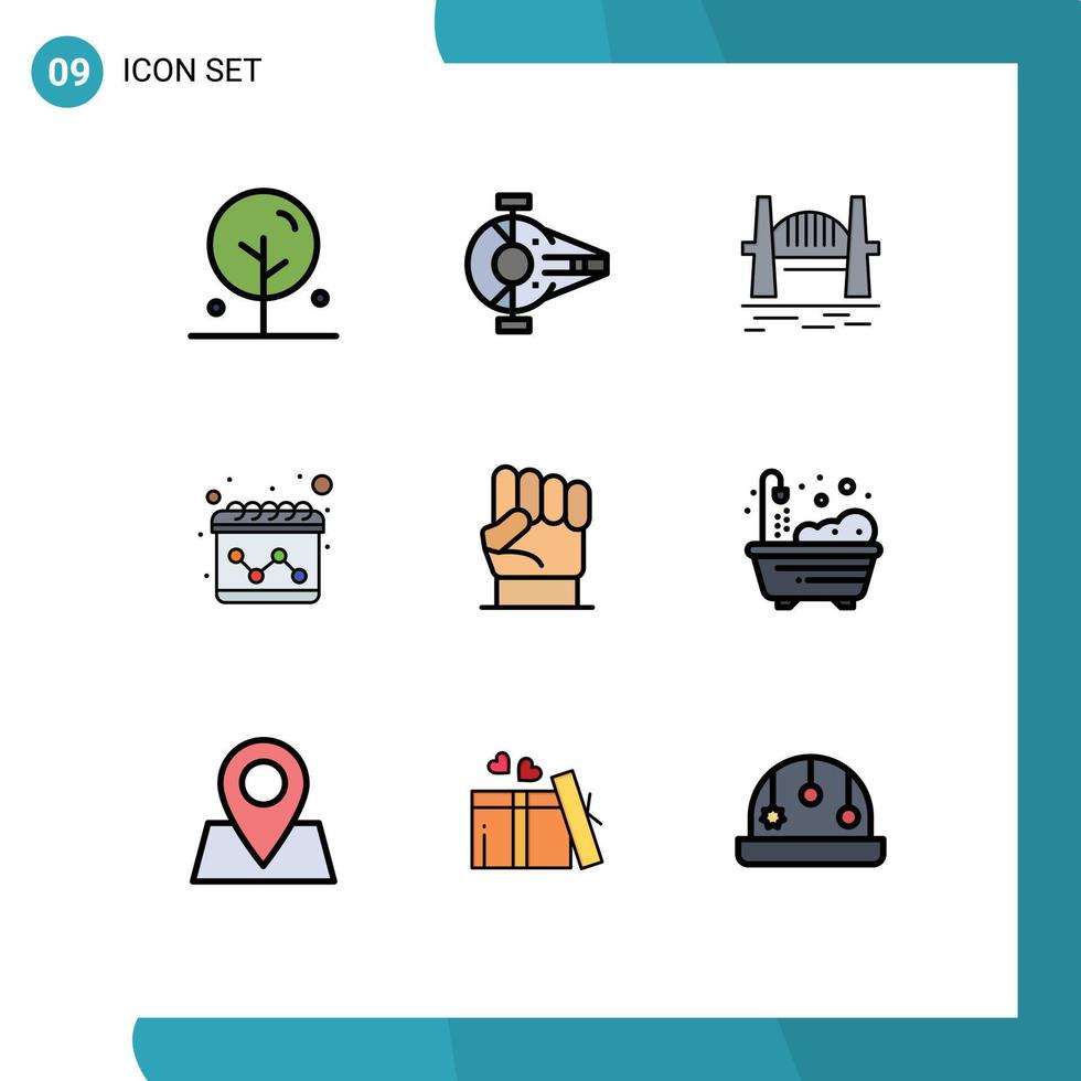 Gruppe von 9 modernen Filledline-Flachfarben für Freiheitskalender-Raumschiff-Werbehafen editierbare Vektordesign-Elemente vektor