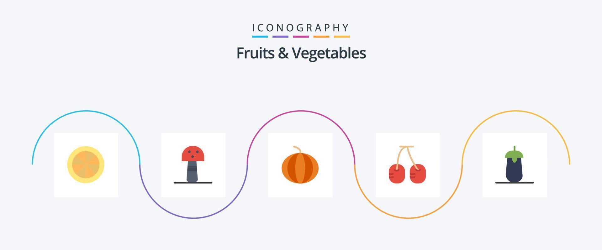 Obst und Gemüse Flat 5 Icon Pack inklusive. Lebensmittel. Wassermelone. Aubergine. Aubergine vektor