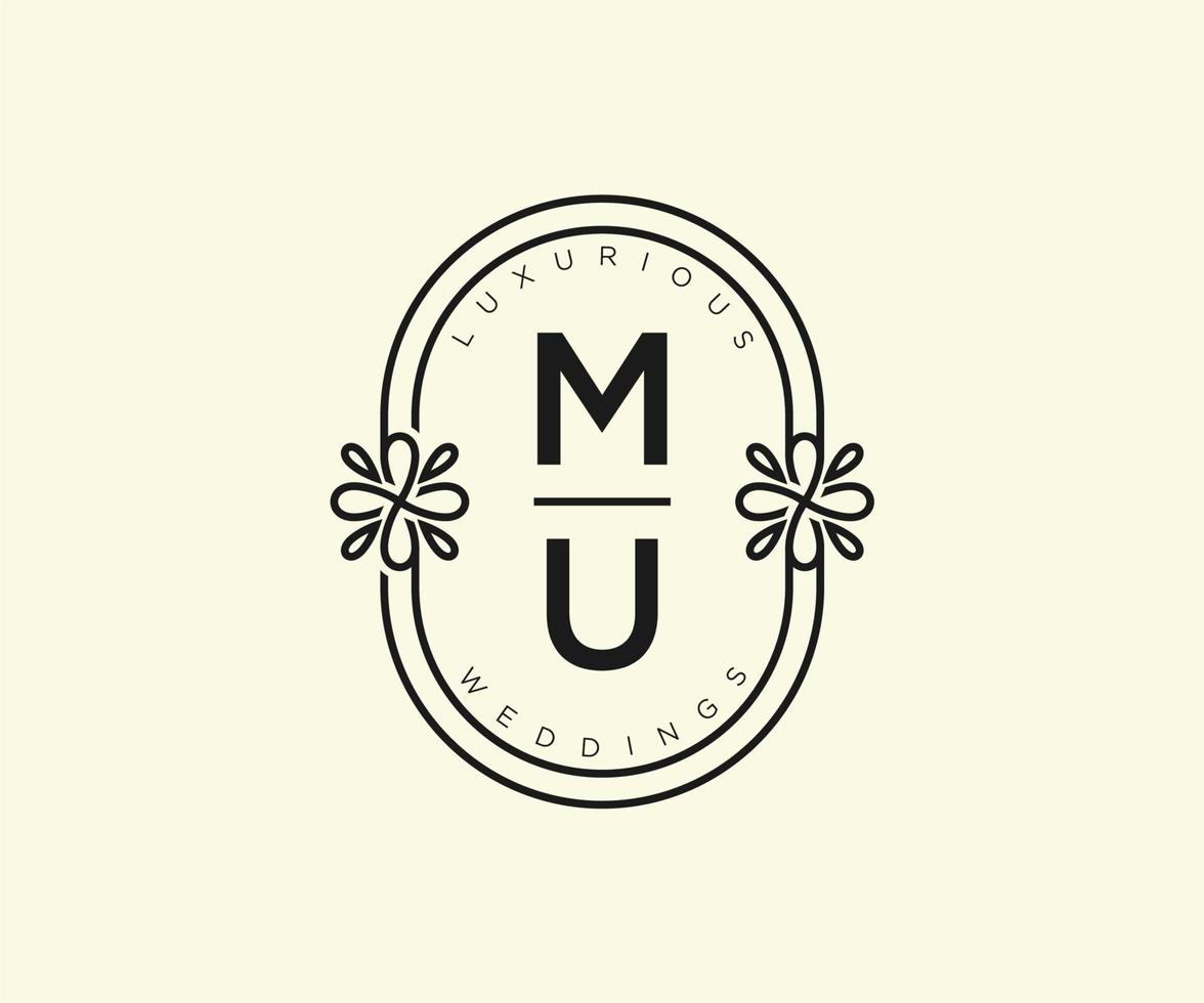 mu initialer brev bröllop monogram logotyper mall, hand dragen modern minimalistisk och blommig mallar för inbjudan kort, spara de datum, elegant identitet. vektor