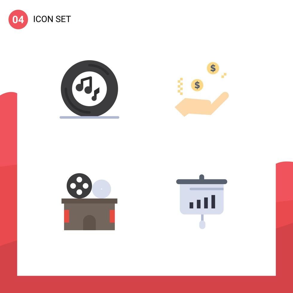 uppsättning av 4 kommersiell platt ikoner packa för musik bio spelare dollar teater redigerbar vektor design element