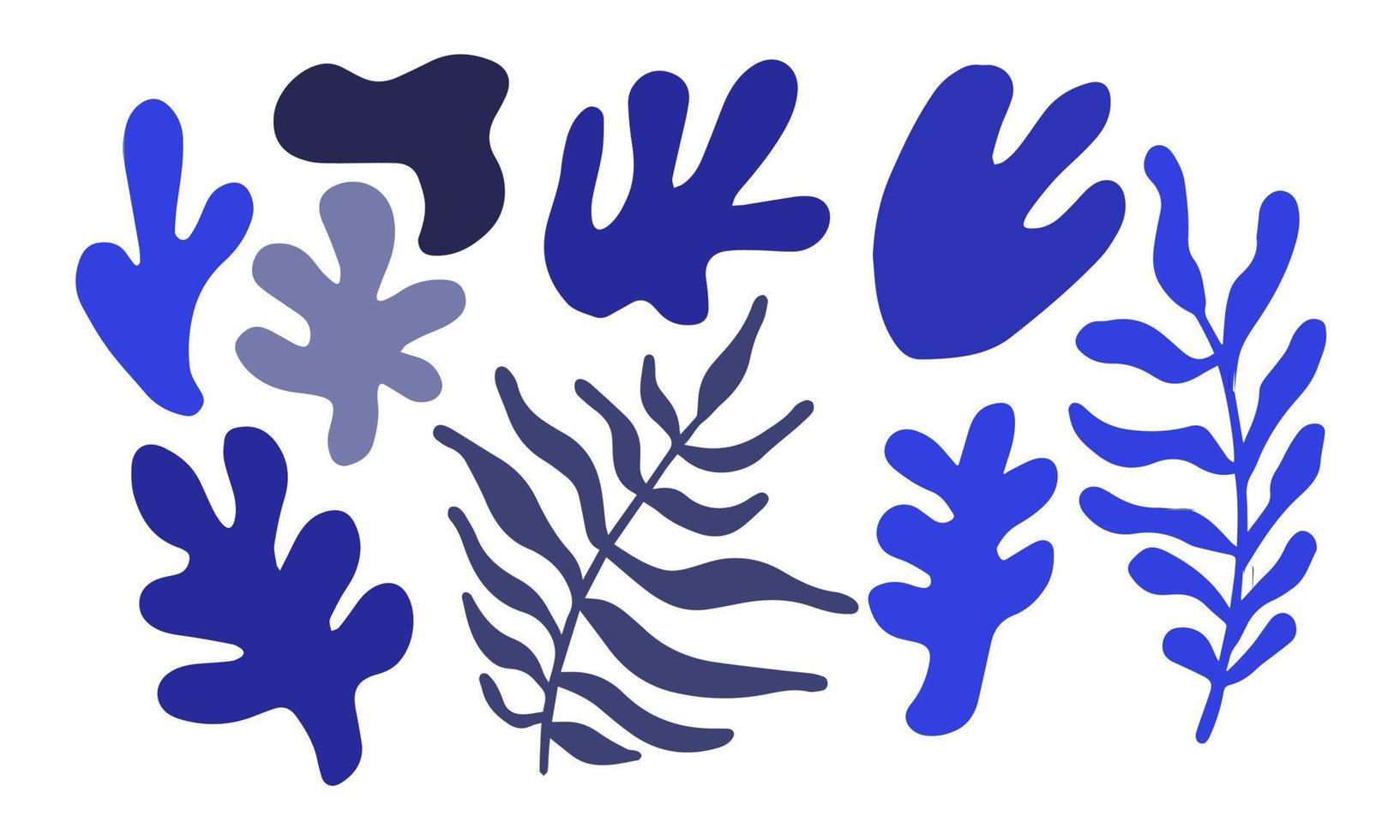 uppsättning av trendig klotter och abstrakt slumpmässig blå former på isolerat bakgrund. stor element samling, ovanlig organisk former i freehand matisse konst stil. inkluderar fågel, blad, blomma. matisse stil vektor