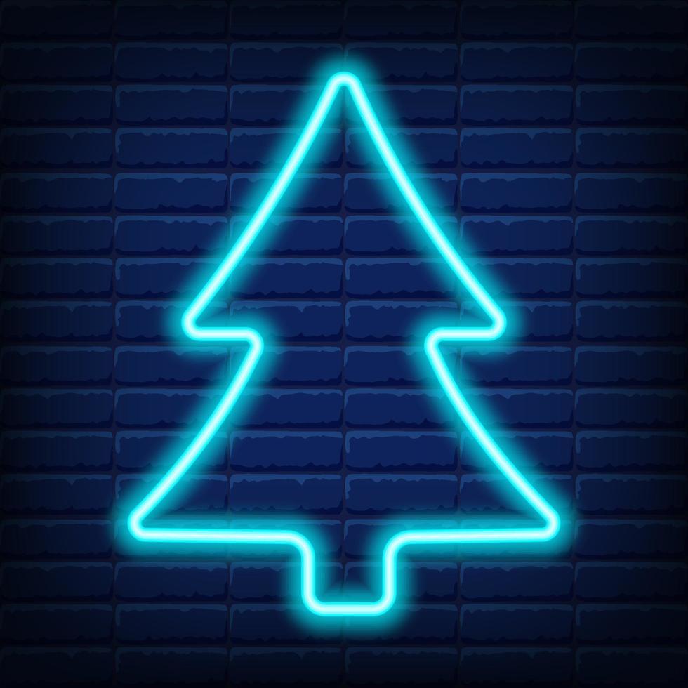 Weihnachten Neon Tanne Symbol. neongrüne weihnachtsbaumform auf dunkelblauem backsteinmauerhintergrund. isolierte vektorillustration des neujahrssymbols geeignet für flyer, banner, grußkarte, poster. vektor