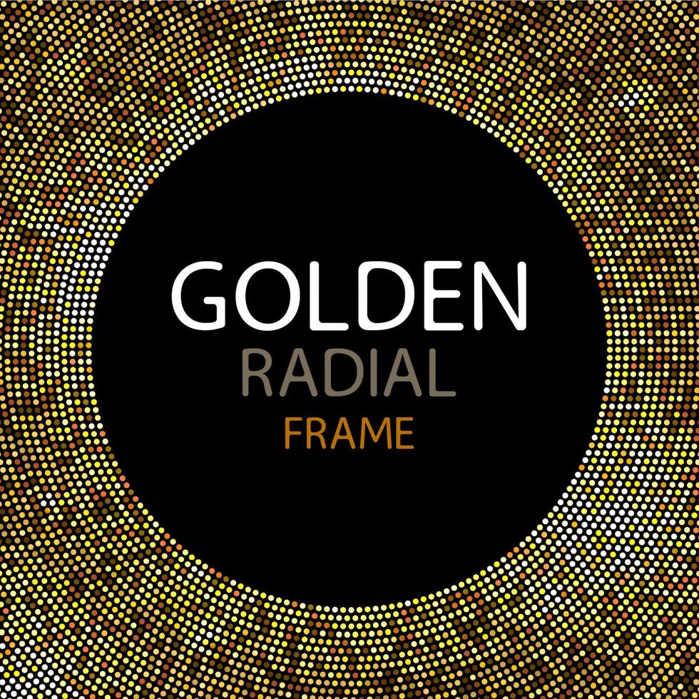 Vektor-Gold-Disco-Lichtrahmen oder Pailletten runder Rahmen mit leerer Mitte für Text. goldener kreis aus winzigen unebenen punkten abstrakter hintergrund. goldene blobs strukturierter runder rahmen auf schwarzem hintergrund. vektor