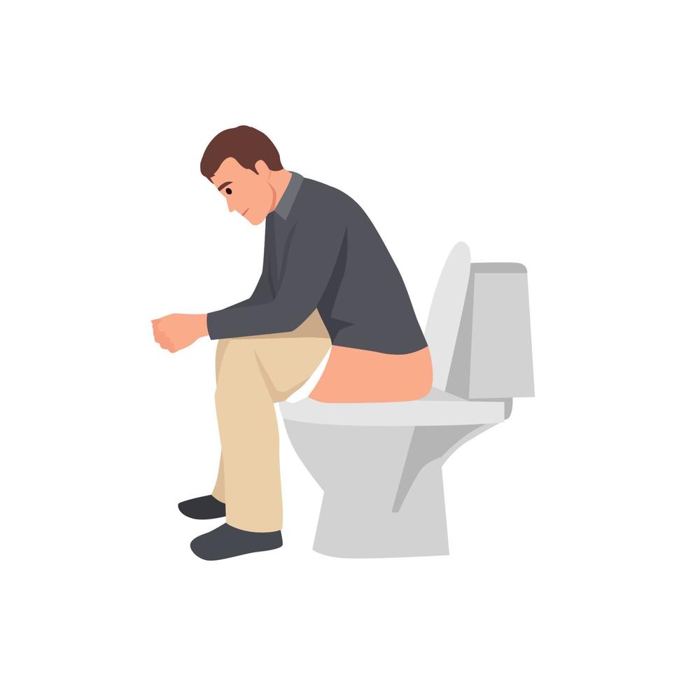 junger mann bekommt idee in der toilette sitzen und denken, während seine hand am kinn. flache vektorillustration lokalisiert auf weißem hintergrund vektor
