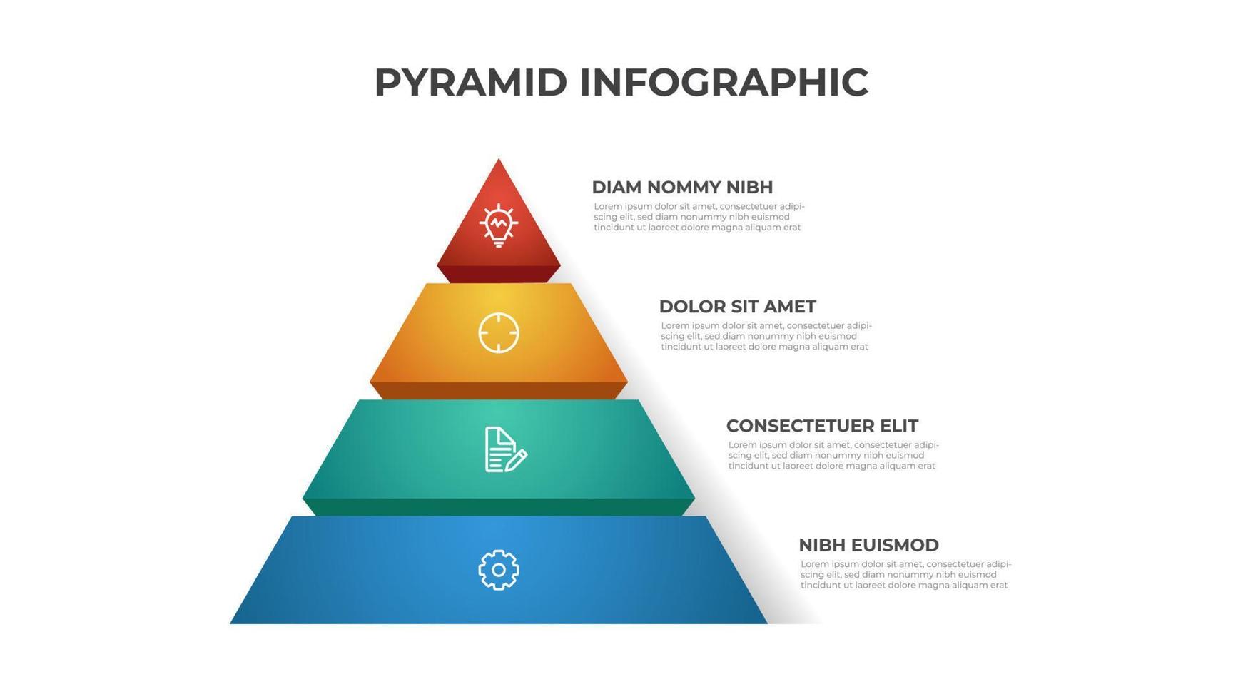 Pyramiden-Infografik-Vorlage mit 4 Listen und Symbolen, Layoutvektor für Präsentation, Bericht, Broschüre, Flyer usw. vektor