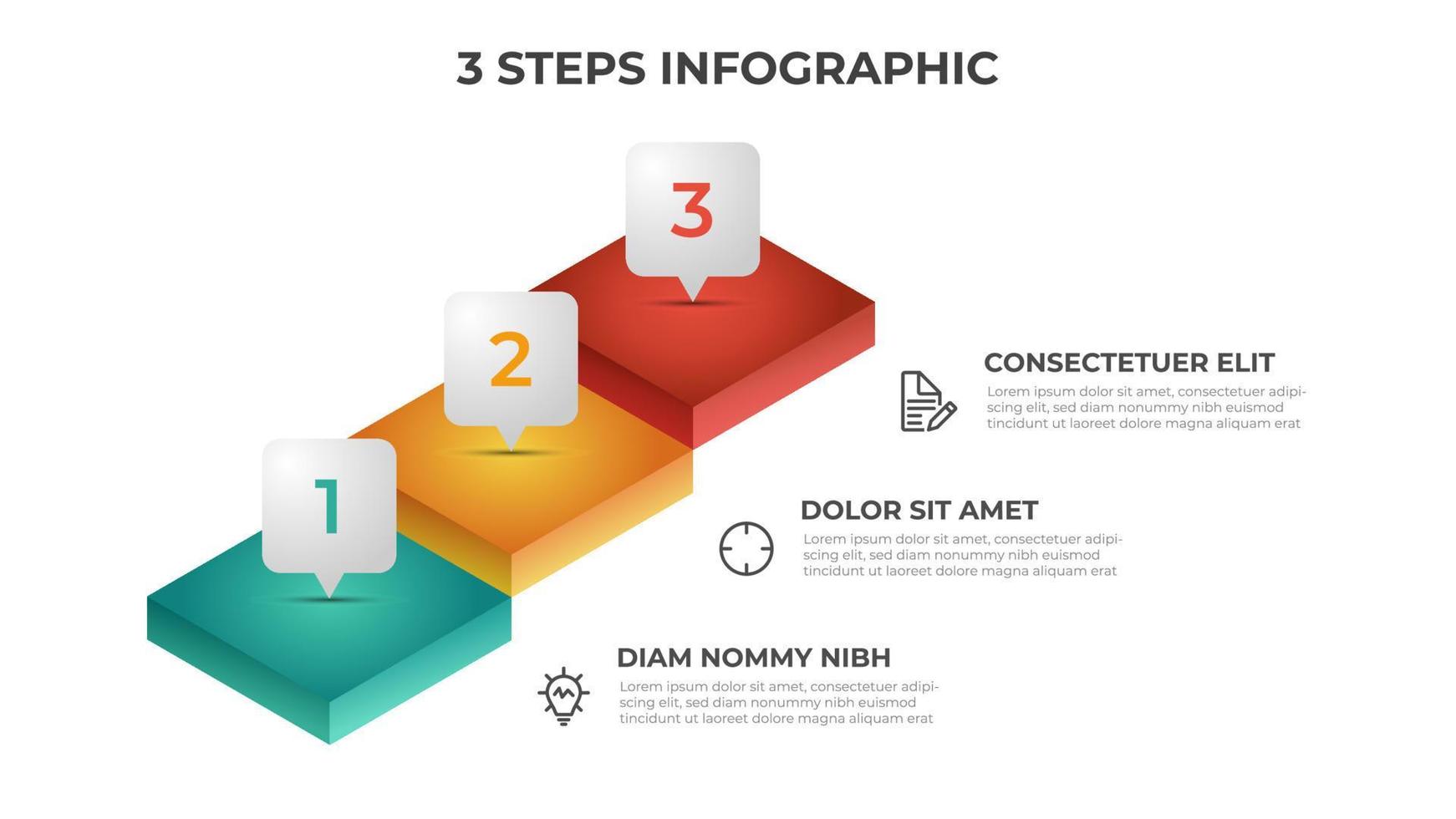 3-stufige Infografik-Vorlage mit Treppe, Layoutelement für Präsentationsworkflow, Diagramm usw vektor