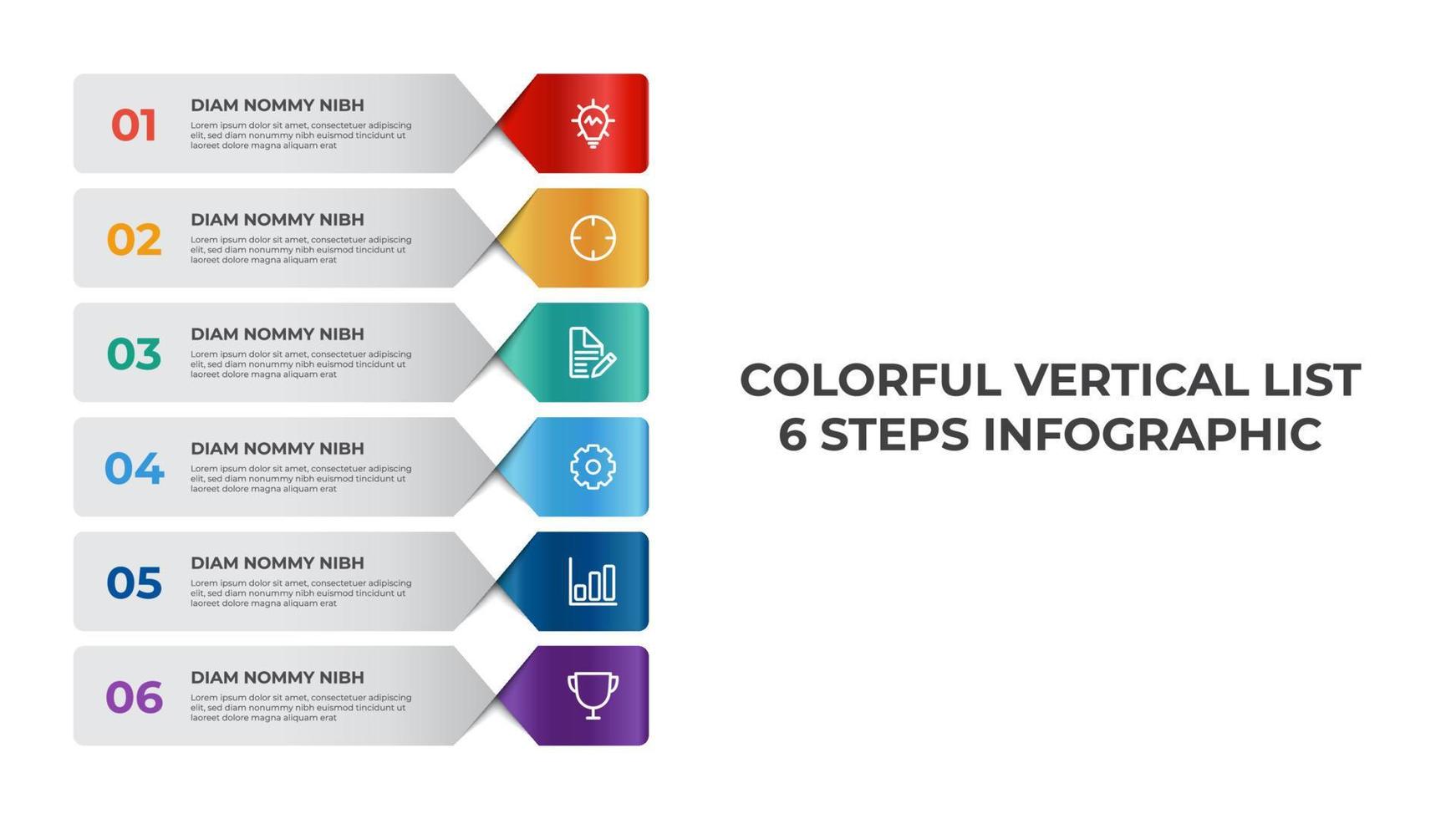 Infografik-Elementvorlage für vertikale Liste, Visualisierungslayout für Geschäftsdaten mit 6 Stufenvektorpunkten. vektor