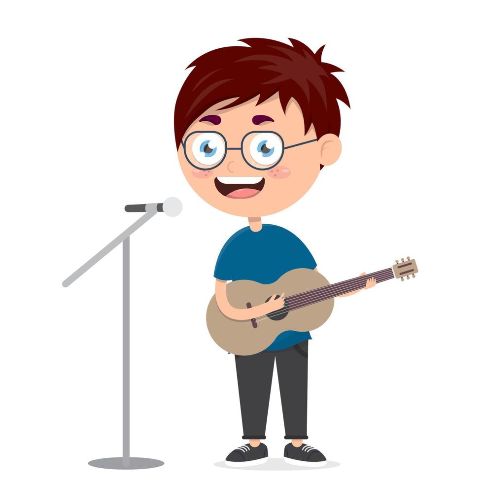 kleiner Junge singt und spielt Gitarre, Musikdarbietung von Kind, Cartoon-Vektorillustration vektor