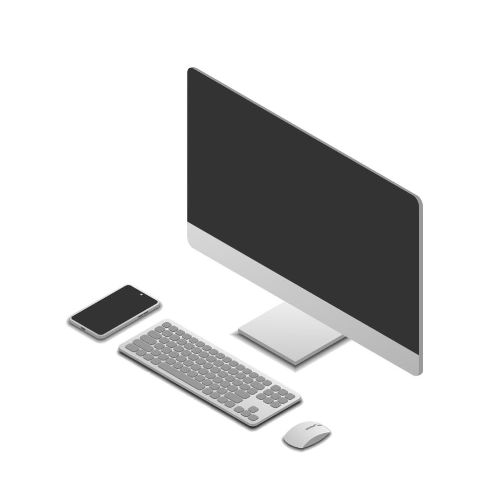 uppsättning av pc dator, övervaka, tangentbord, smartphone, och mus i isometrisk se, vektor illustration isolerat på vit bakgrund