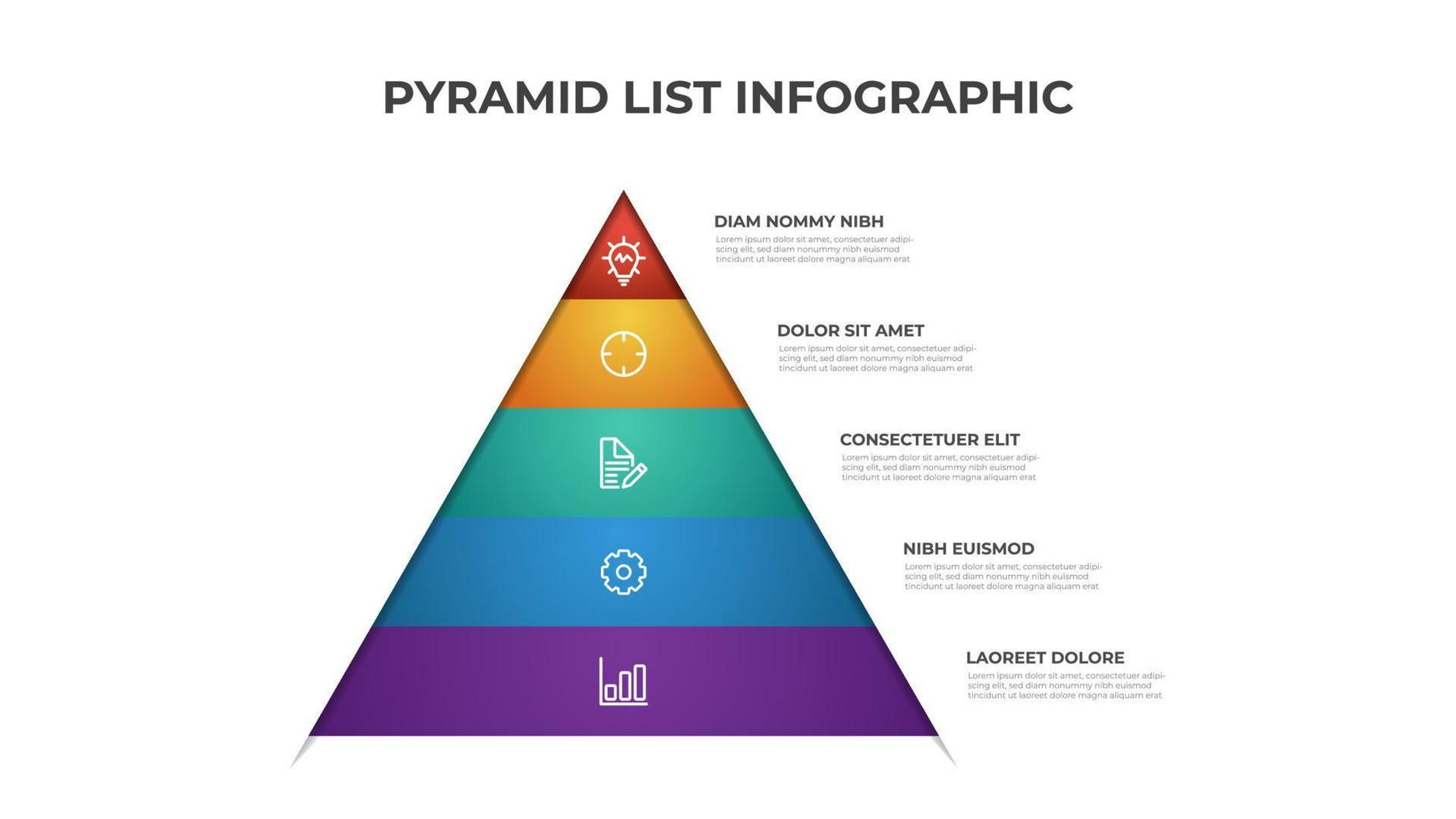 Pyramiden-Infografik-Vorlage mit 5 Ebenen oder Liste. Layoutelementvektor für Präsentation, Bericht, Broschüre usw. vektor