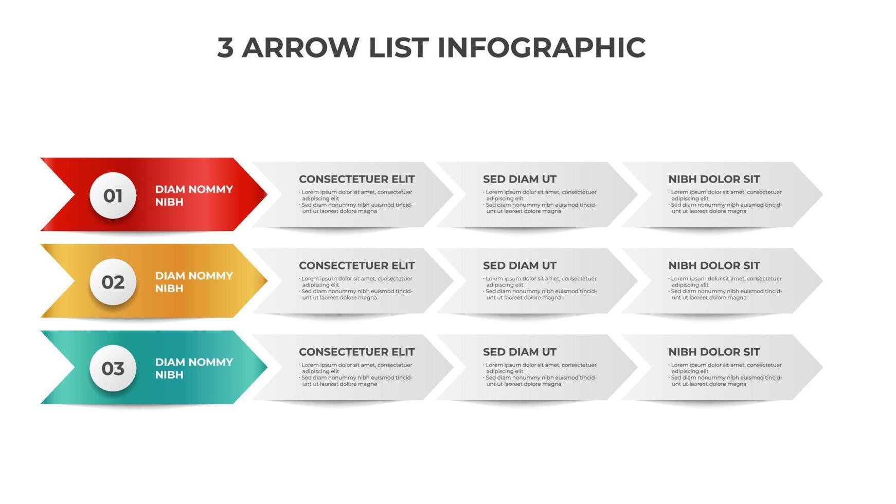 3 lista av pil bearbeta diagram med kulor och poäng, infographic element mall vektor