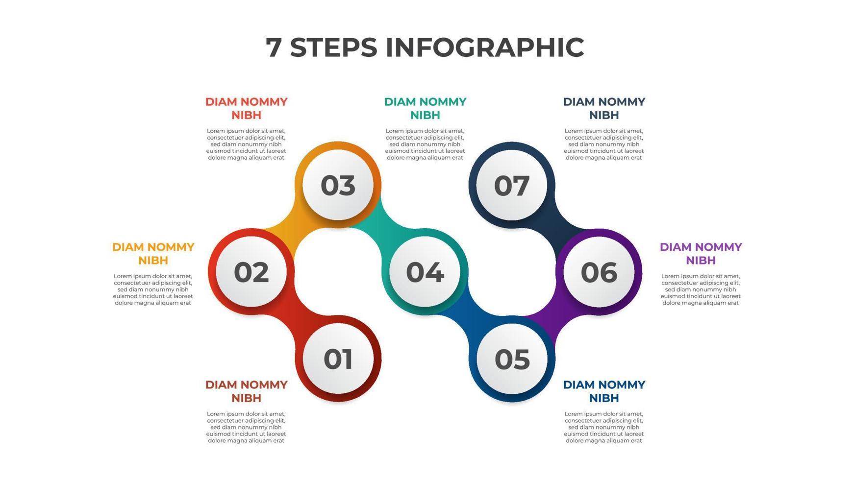 7 poäng av steg, ansluten cirkel lista diagram med siffra av sekvens, infographic element mall vektor