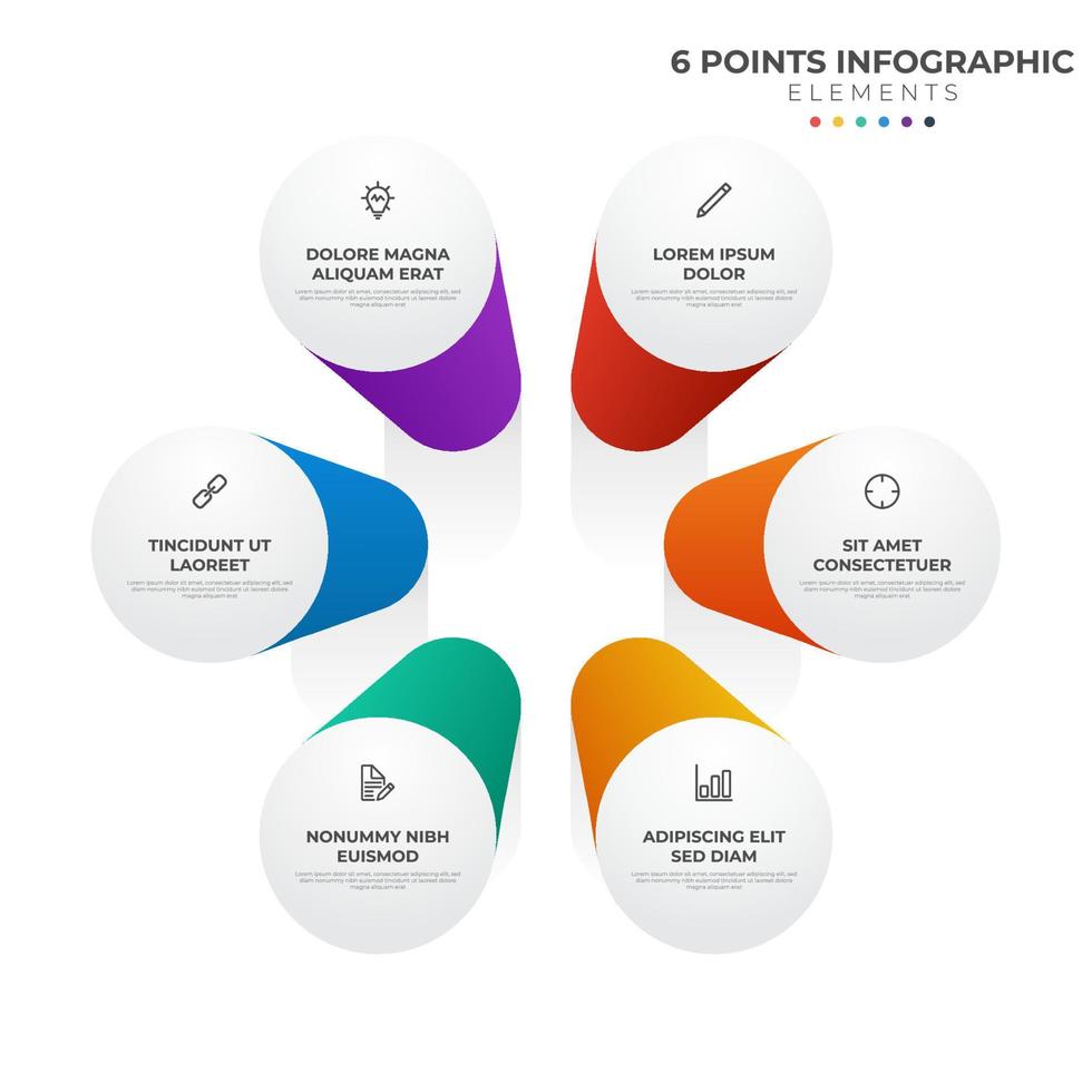 6 poäng cirkulär infographic element, cykel layout diagram med ikon och färgrik Färg, kan vara Begagnade för presentation, baner, etc. vektor