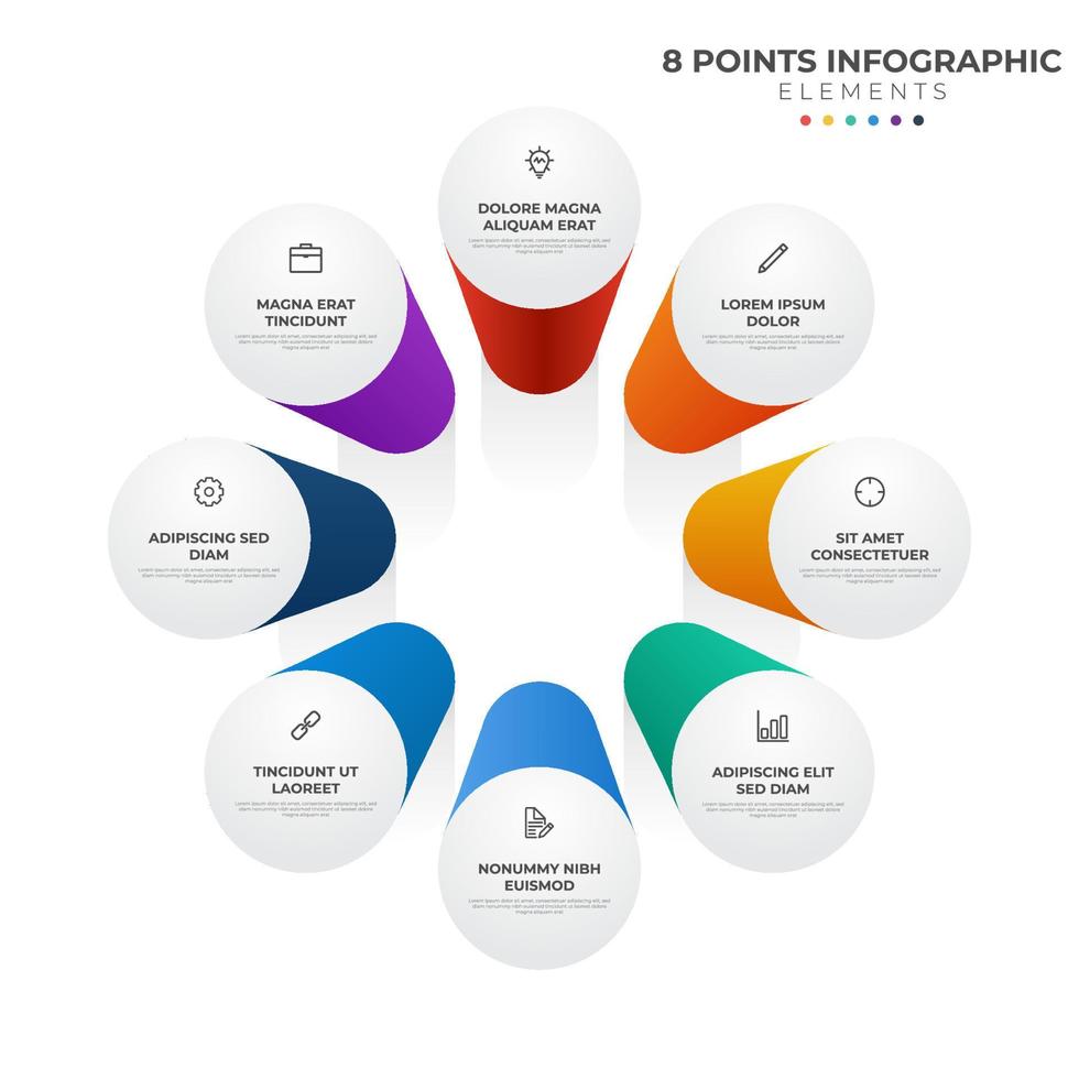 8 poäng cirkulär infographic element, cykel layout diagram med ikon och färgrik Färg, kan vara Begagnade för presentation, baner, etc. vektor