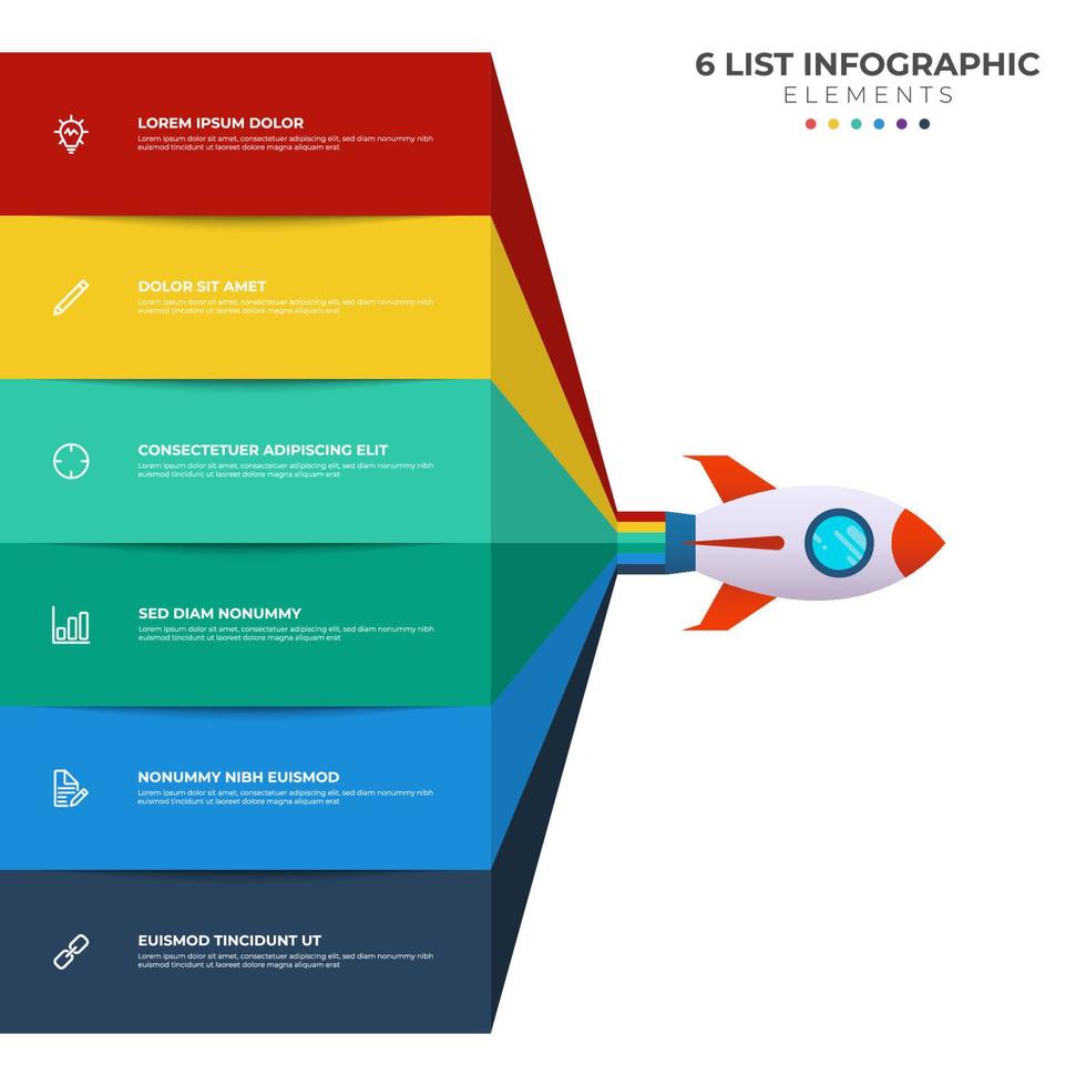 Listendiagramm mit 6 Schritten, Sequenz, farbenfroher Raketenstartstart, Infografik-Elementvorlagenvektor. vektor