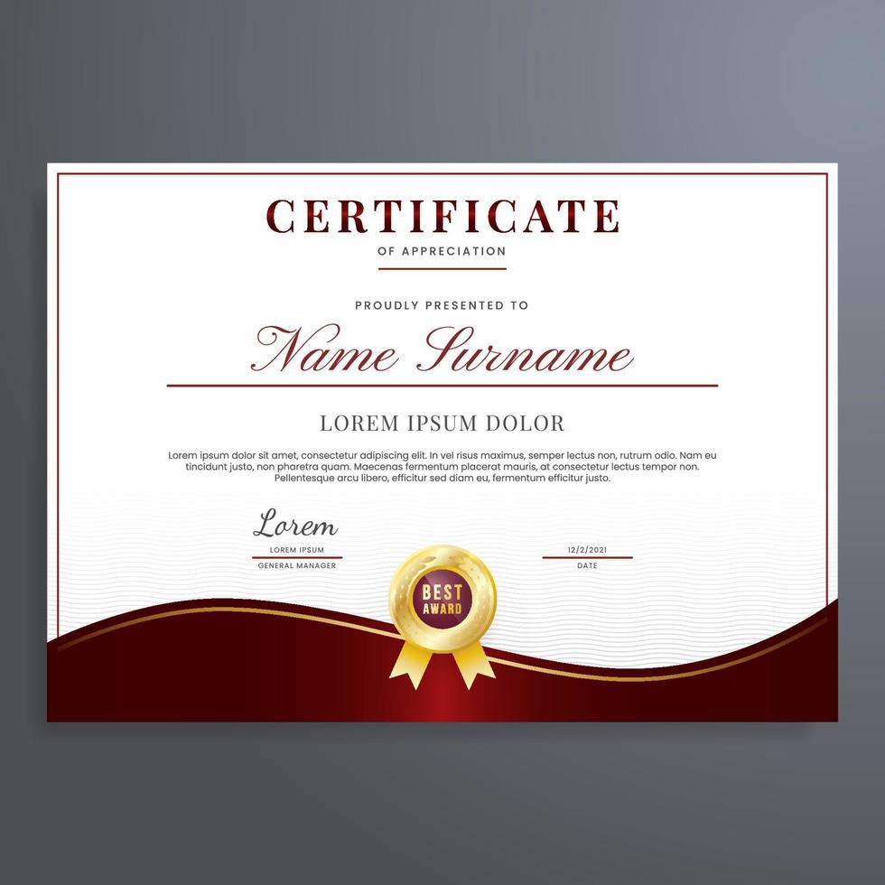 luxus-zertifikat der anerkennungsvorlage mit roter und goldener farbe, mehrzweck-zertifikatsrand mit abzeichendesign vektor