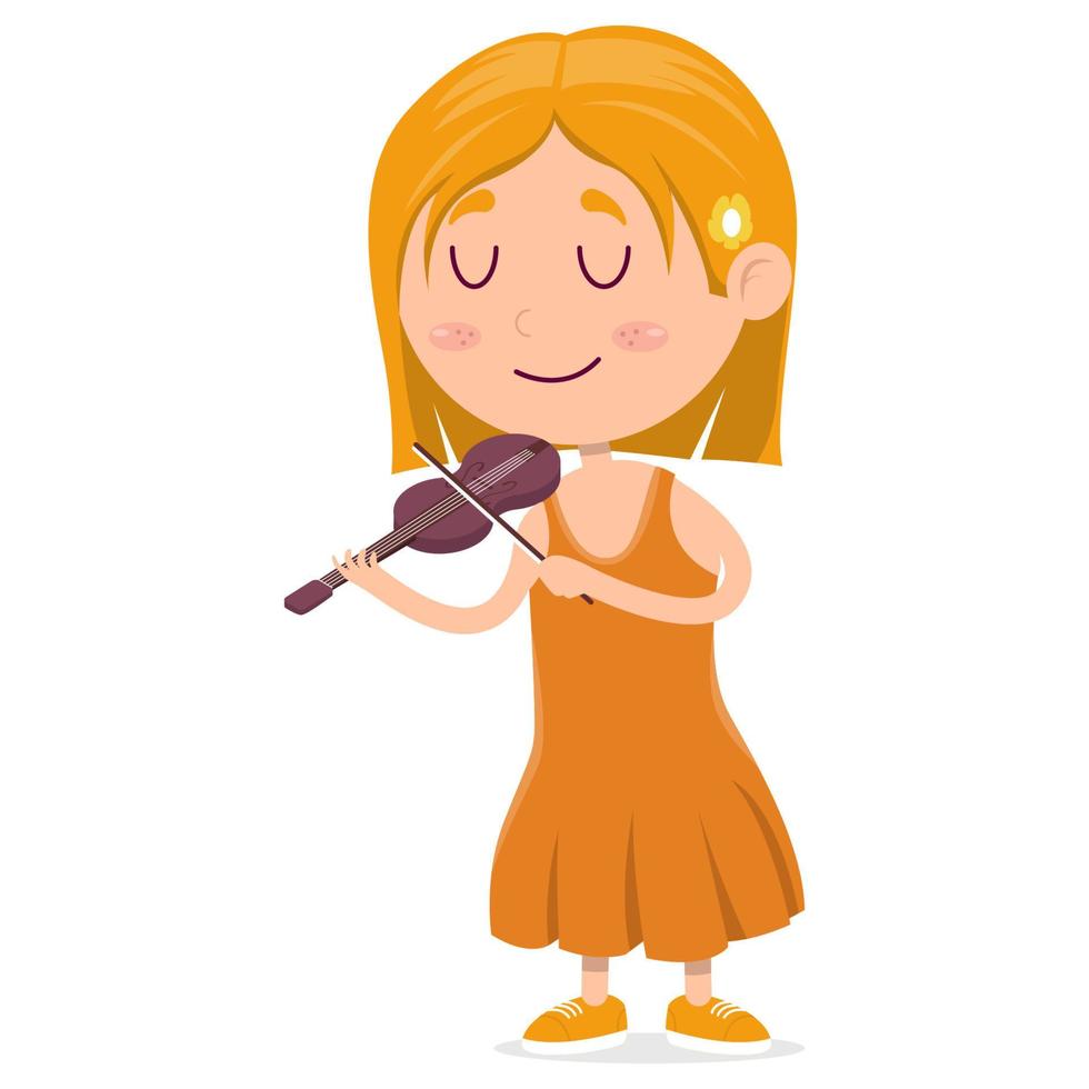 Lycklig liten flicka spelar fiol och henne ögon är stängd, tecknad serie vektor illustration på vit bakgrund