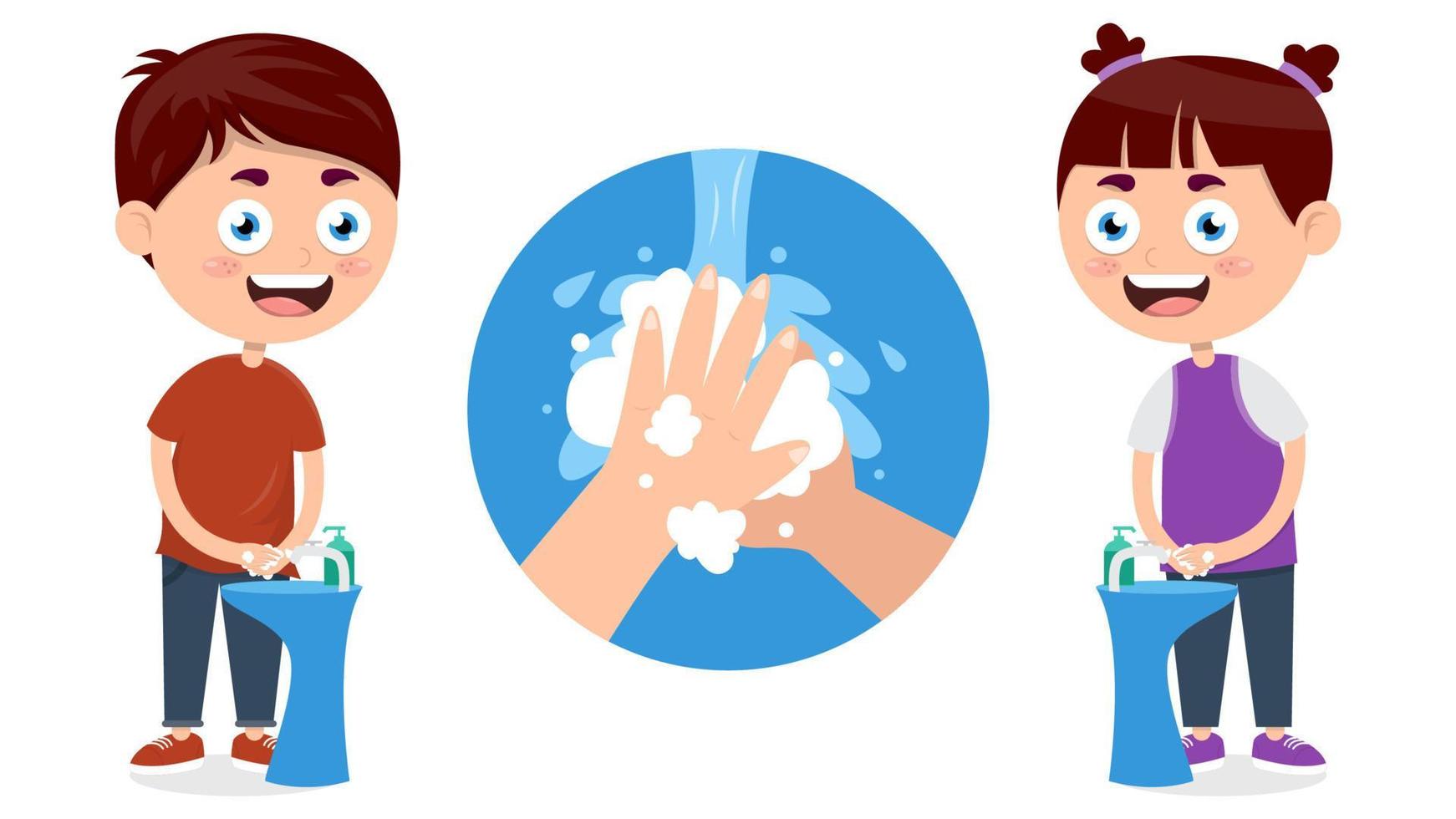 liten barn tvättning händer med flytande tvål till förhindra mot virus, tecknad serie vektor illustration