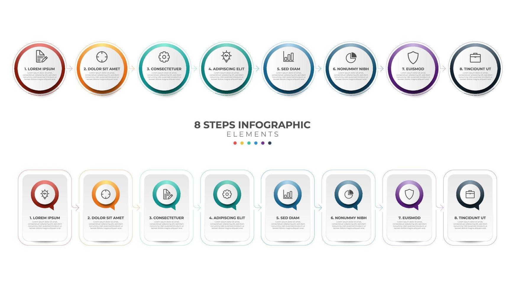 8 lista av steg, horisontell sekvens med ikon och siffra, infographic element mall layout diagram vektor