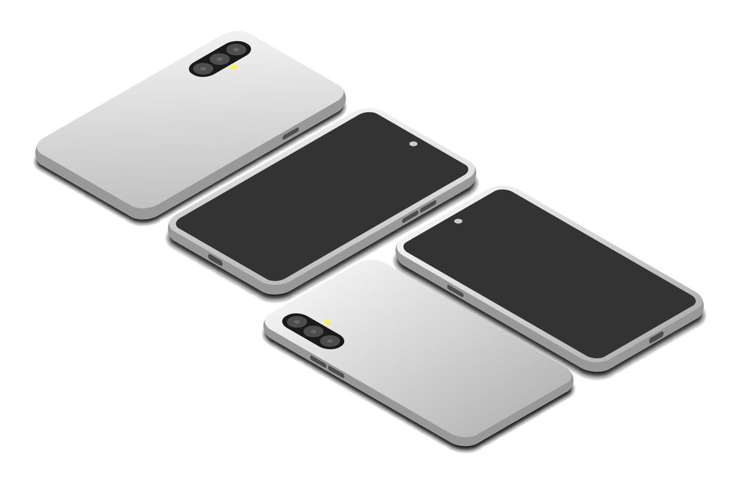 Satz isometrischer Smartphones mit unterschiedlichem Winkel und Position, Vektorillustration isoliert auf weißem Hintergrund vektor