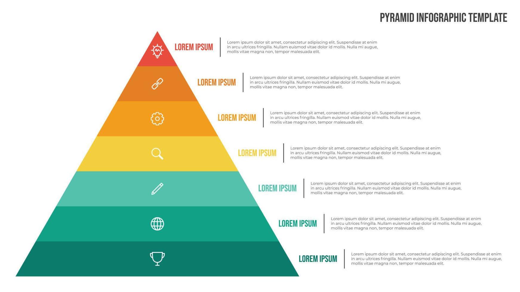 pyramid lista infographic mall vektor med 7 poäng och ikoner. använda sig av till visa proportionell, sammankopplade, eller hierarkisk relationer. använda sig av för presentation glida, baner, broschyr, flygblad.