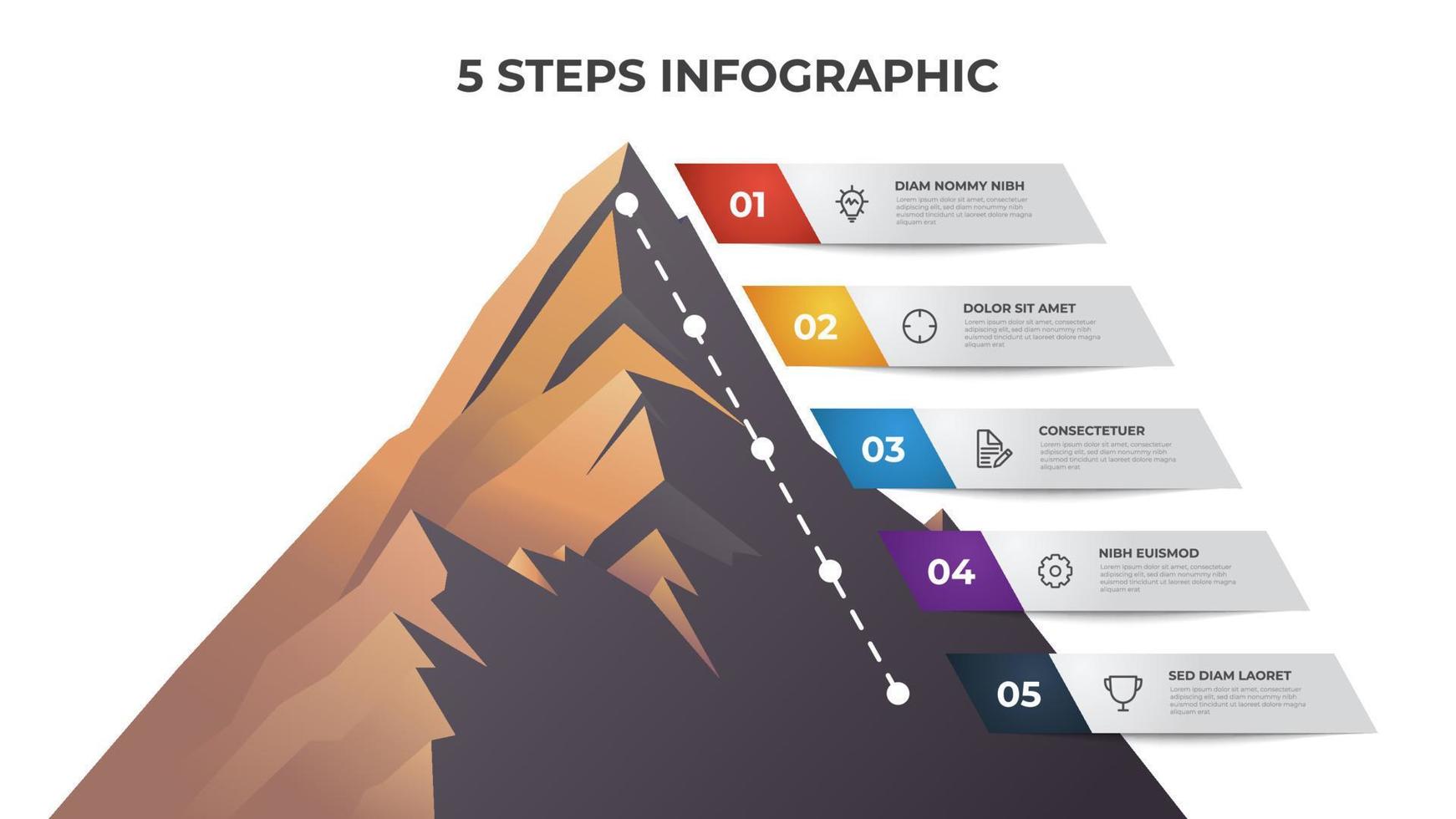 Infografik-Elementvorlage mit 5 Schritten, Liste, Aufzählungszeichen, Optionen, Zeitachsendiagramm mit Bergvektor vektor