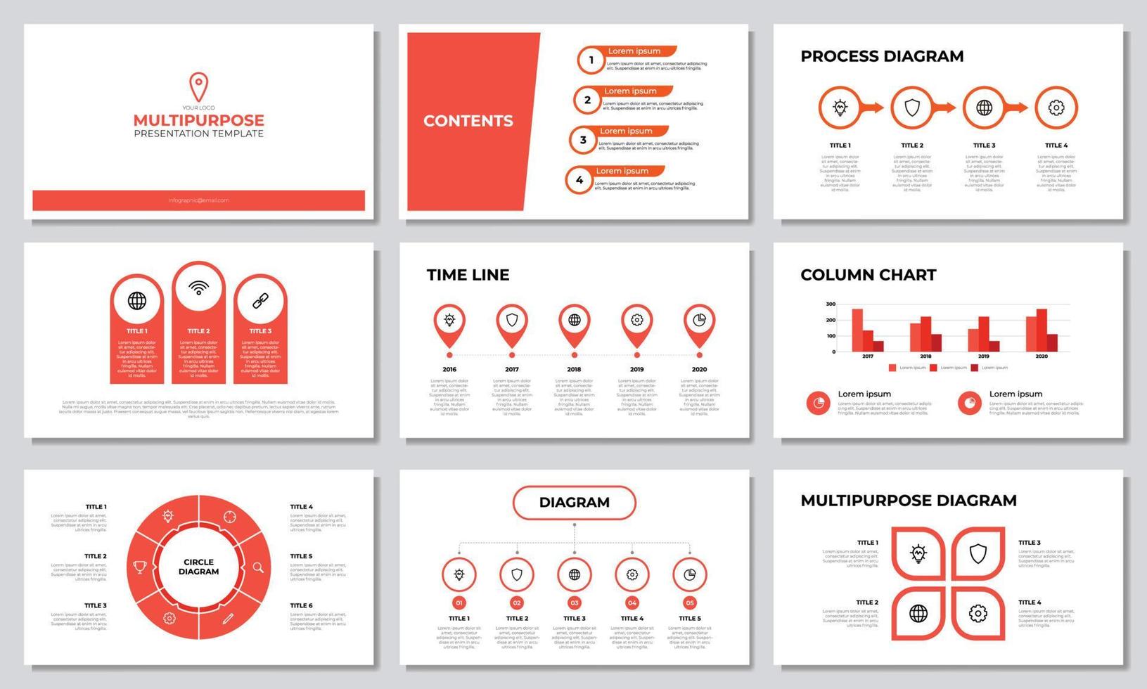röd multipurpose presentation mall med lista, alternativ, steg, tidslinje, arbetsflöde, Graf, diagram. företag infografik, layout för glida, broschyr, baner, årlig Rapportera, reklam, marknadsföring vektor