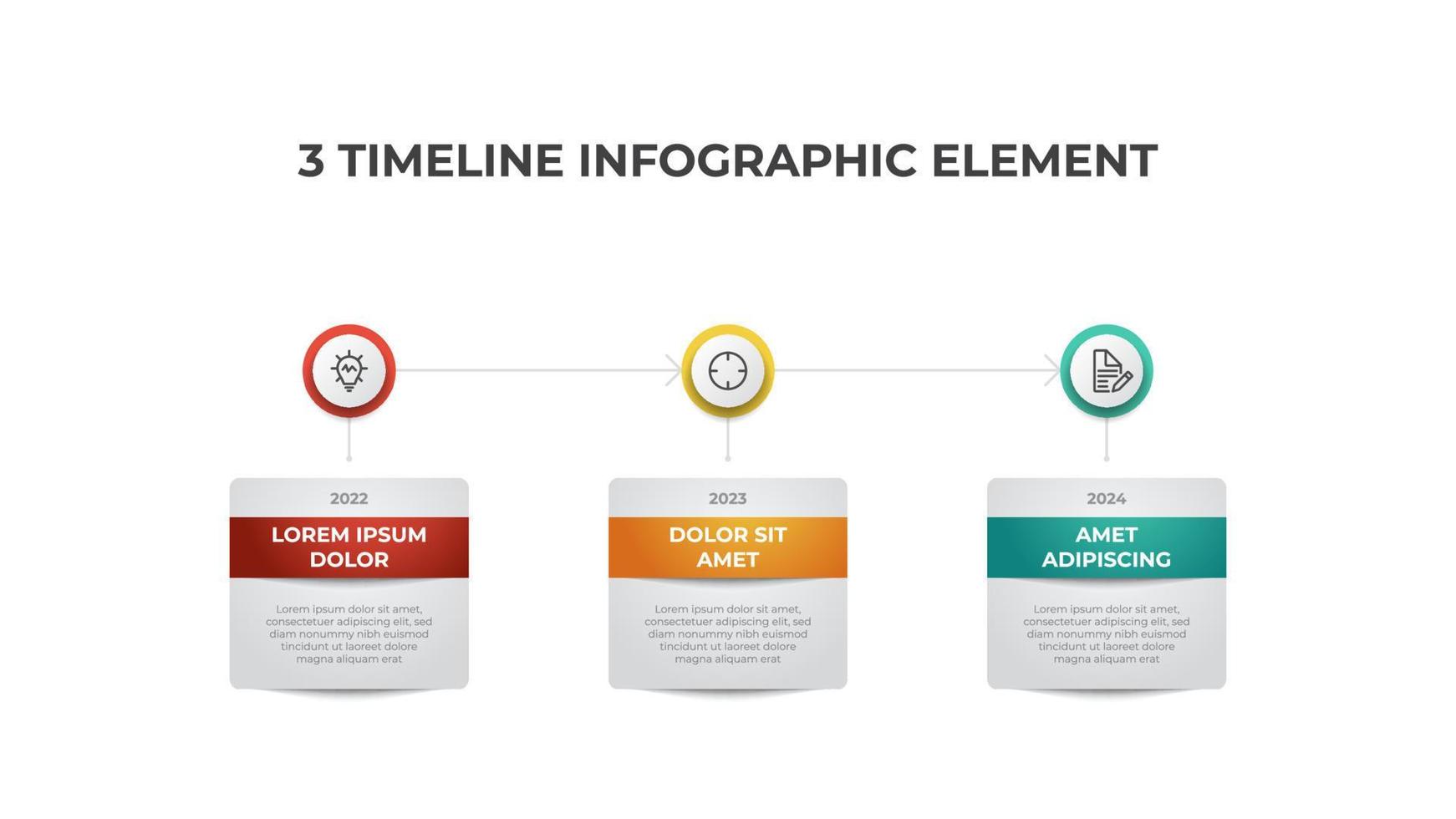 Infografik-Zeitachsenvektor mit 3 Listen, Punkten, Optionen, kann für Workflow, Prozessdiagramm, Präsentationselement usw. verwendet werden. vektor